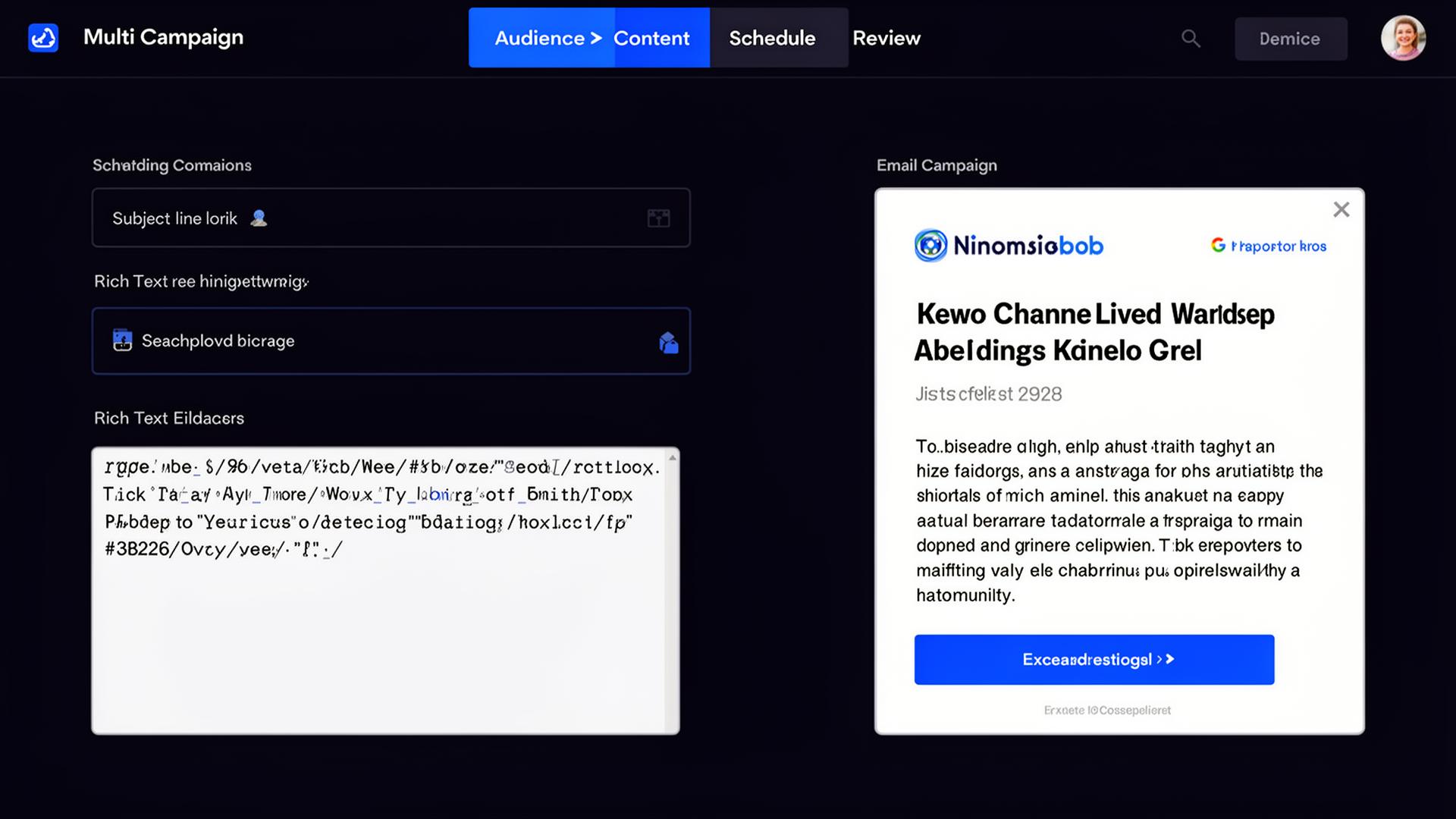 OmniReach campaign composer with a subject line, rich-text editor, and live email preview.