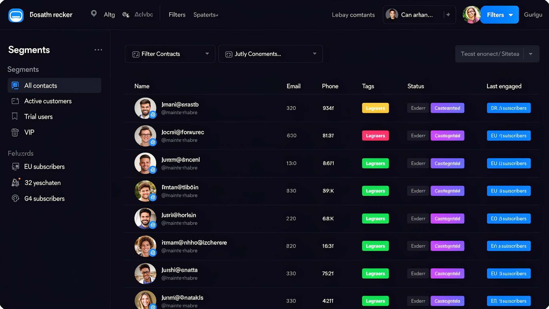 OmniReach contacts list with segments sidebar, tag pills, and engagement status.